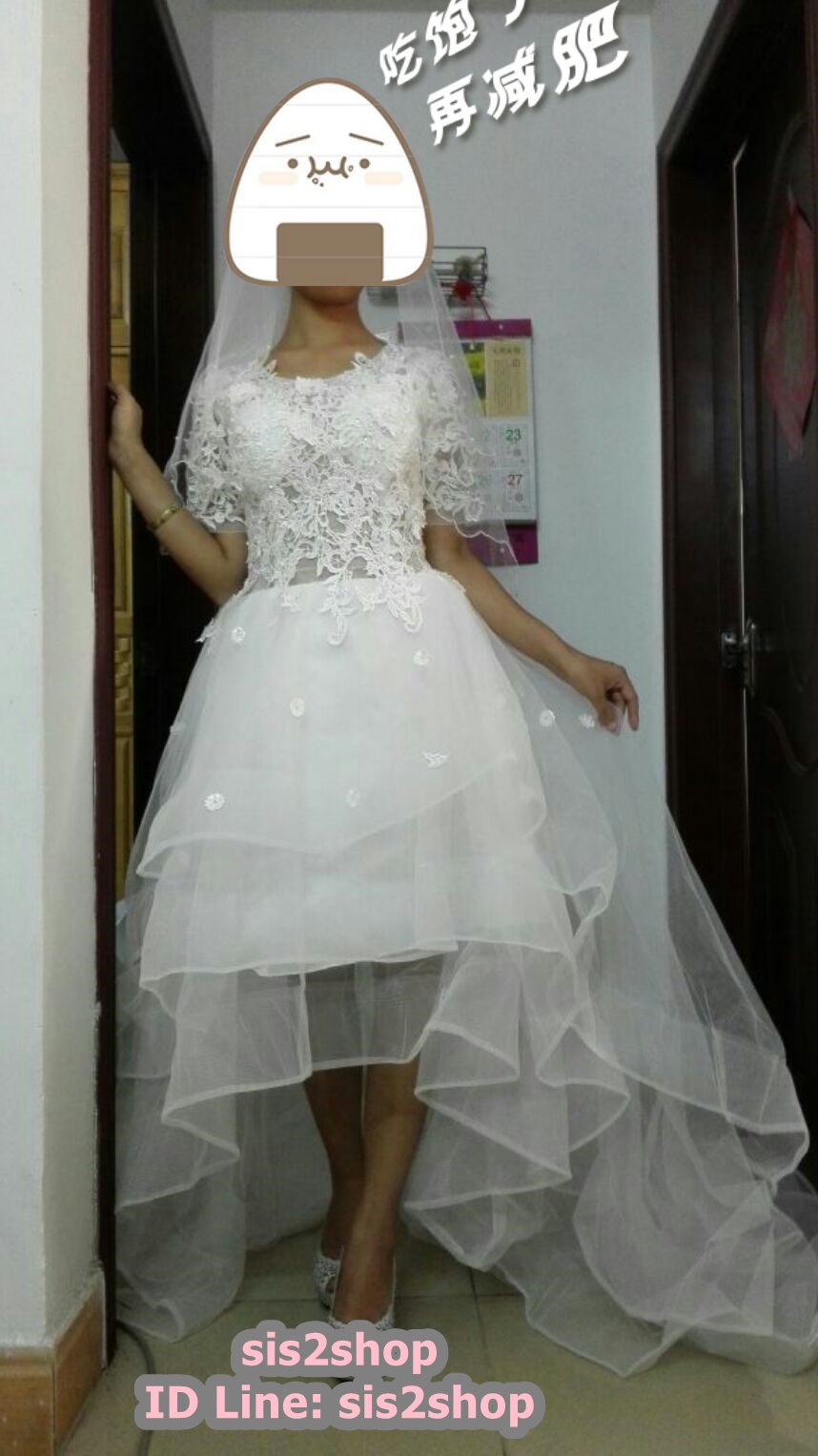 Pre-order ชุดแฟนซี ชุดเจ้าสาว ชุดราตรี หน้าสั้นหลังยาว แขนสั้น แต่งผ้าลูกไม้ สวยหรู เชือกผูกหลัง