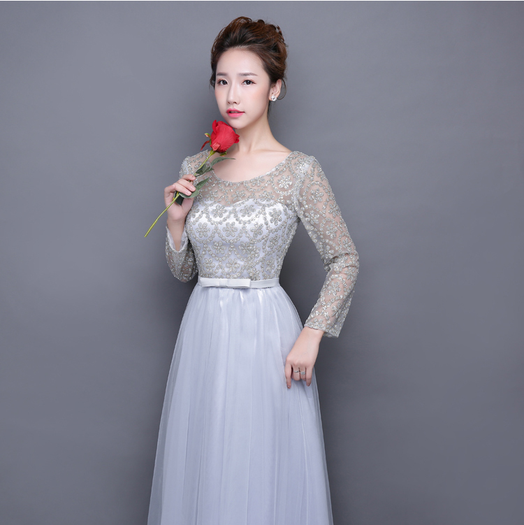 Pre-order ชุดราตรียาว แขนยาว คอกลม ช่วงบนผ้าโปร่ง แต่งกากเพชร แต่งโบว์คาดเอว ซิปหลัง ไซส์ใหญ่ XS-4XL