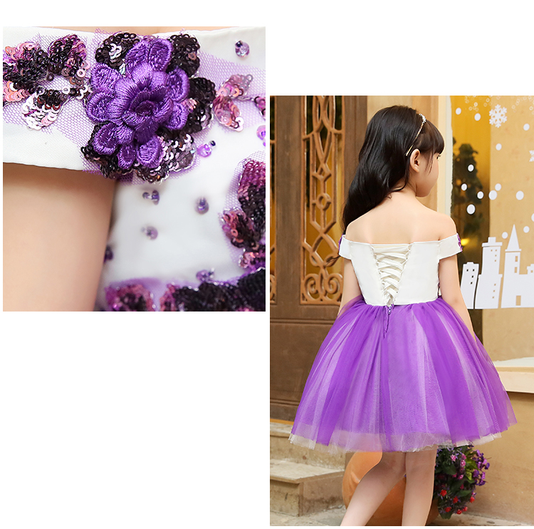 Pre-order ชุดราตรีเด็ก ชุดออกงาน ชุดกระโปรง สไตล์เจ้าหญิง แบบไหล่ปาด แต่งดอกไม้ช่วงบน กระโปรงตาข่ายฟูฟ่อง เชือกผูกหลัง สวยงาม