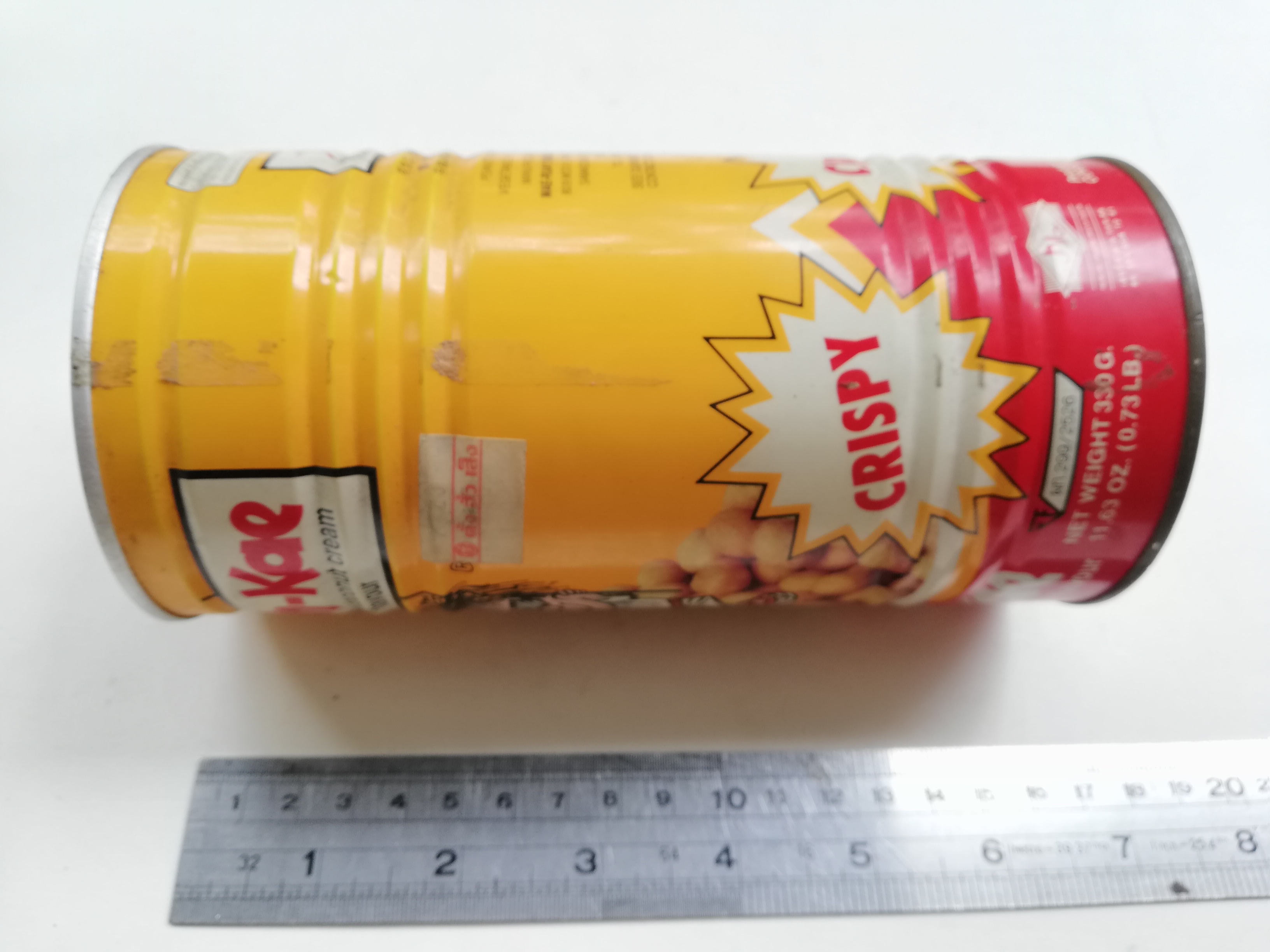 ของสะสม กล่องสังกะสี (กล่องโลหะ) กระป๋องโก๋แก่รสกะทิ กระป๋องทรงกระบอกสีเหลืองแดง เส้นผ่าศุนย์กลางประมาณ 3" ความสูงประมาณ 7"