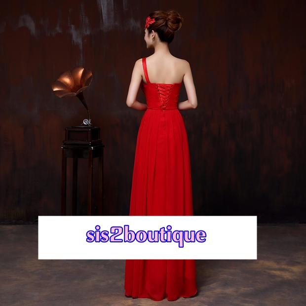 Pro-order ชุดราตรียาว ไหล่เดียว ผ้าชีฟอง แต่งเลื่อม แต่งมุก ช่วงเนินอกและเอว เชือกผูกหลัง