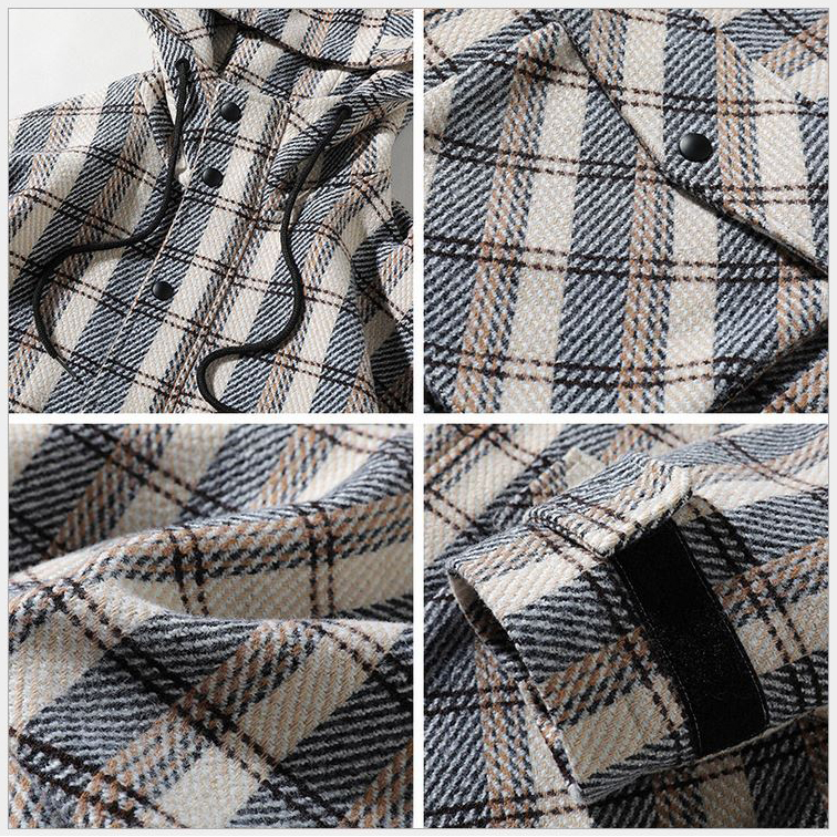 เสื้อโค้ทผ้าวูลลายสก๊อต หนาอุ่น แต่งฮู้ดใหญ่ (10314MM)