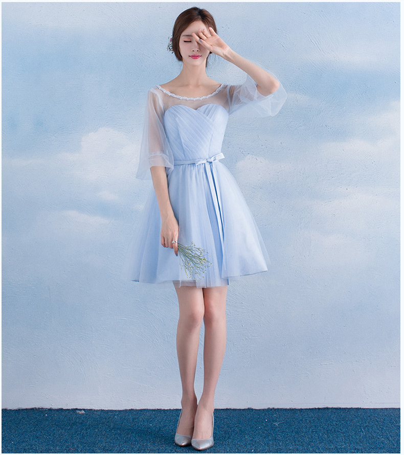 Pre-order ชุดราตรีสั้น เพื่อนเจ้าสาว กระโปรงตาข่าย มีหลายแบบ สีฟ้า (เชือกผูกหลัง)