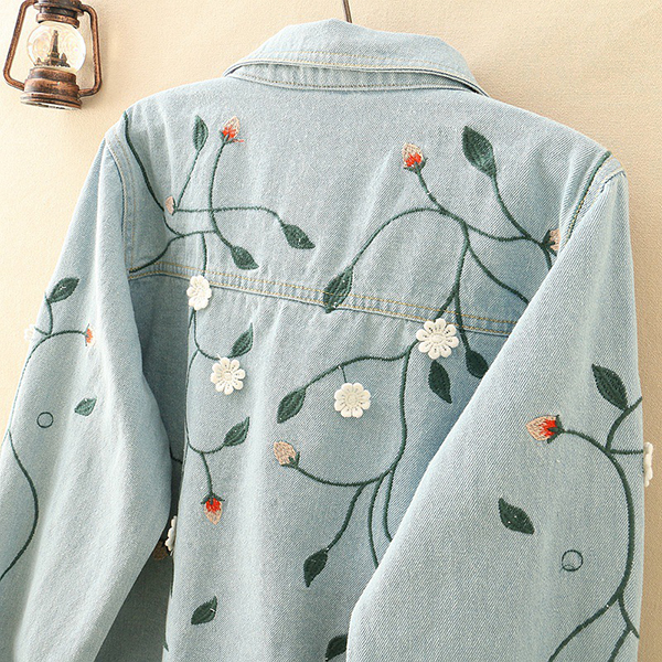 เสื้อแจ็คเก็ตยีนส์ตัวสั้น แขนยาว ปักลายดอกไม้วินเทจ (12108LM)