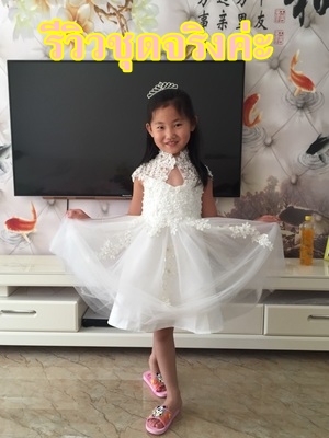 Pre-order ชุดราตรีเด็ก ชุดออกงาน ชุดกระโปรง สไตล์เจ้าหญิง แขนสั้น คอจีน เว้าตรงอก แต่งผ้าลูกไม้ กระโปรงตาข่าย มีซิปหลัง