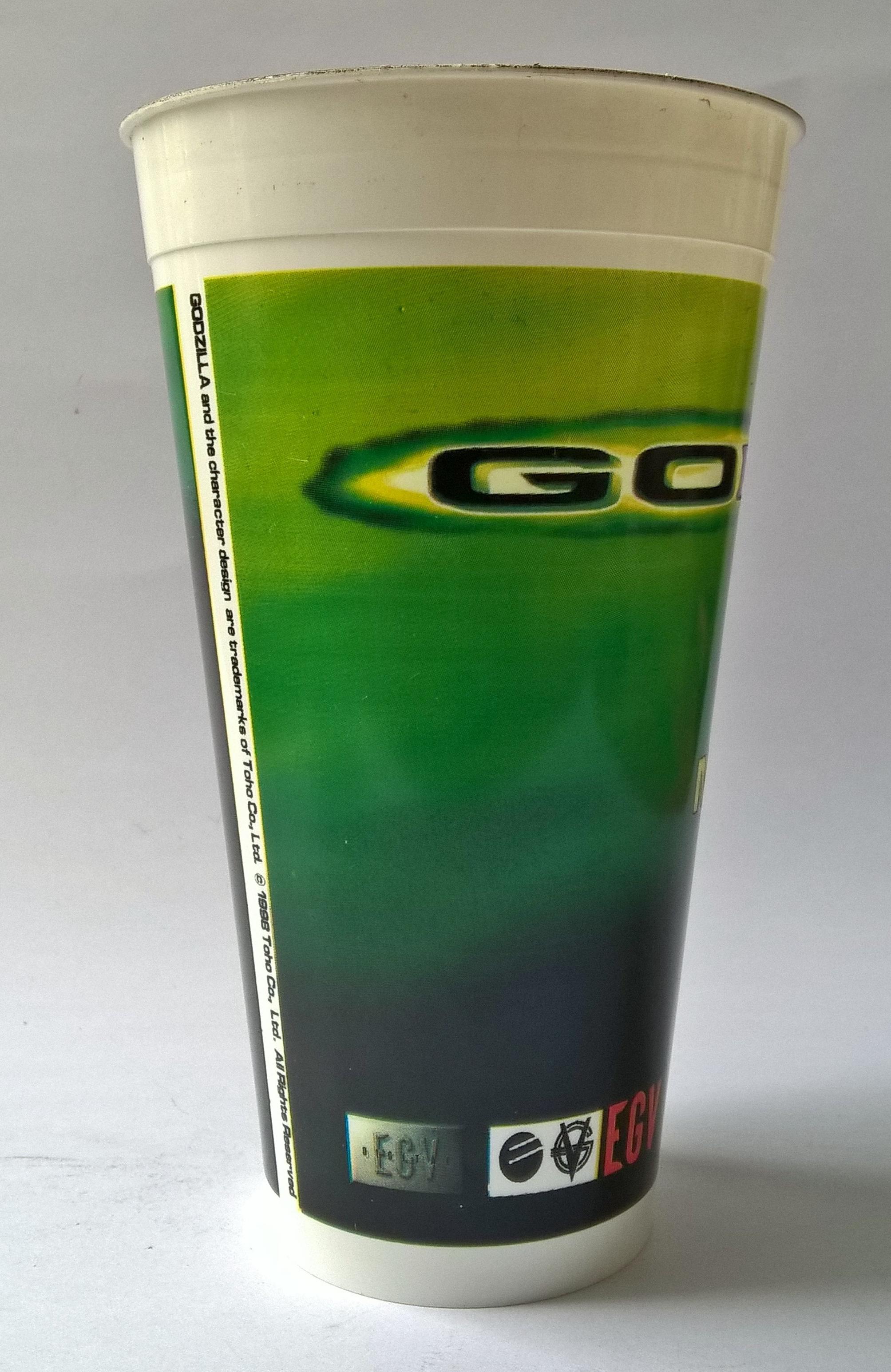 แก้วน้ำพลาสติกงานเก่า จากภาพยนต์เรื่องก๊อดซิลล่า SIZE DOES MATTER, GODZILLA JULY 1998 ของสะสมจาก EGV ของเก่า โปรดตรวจสอบทุกภาพ