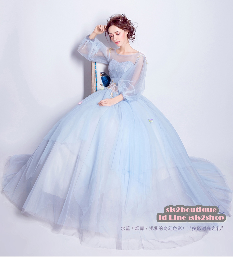 Pre-order ชุดแฟนซี ชุดเจ้าสาว ชุดราตรียาว สีฟ้า แขนโคมไฟ กระโปรงพองสวย เชือกผูกหลัง