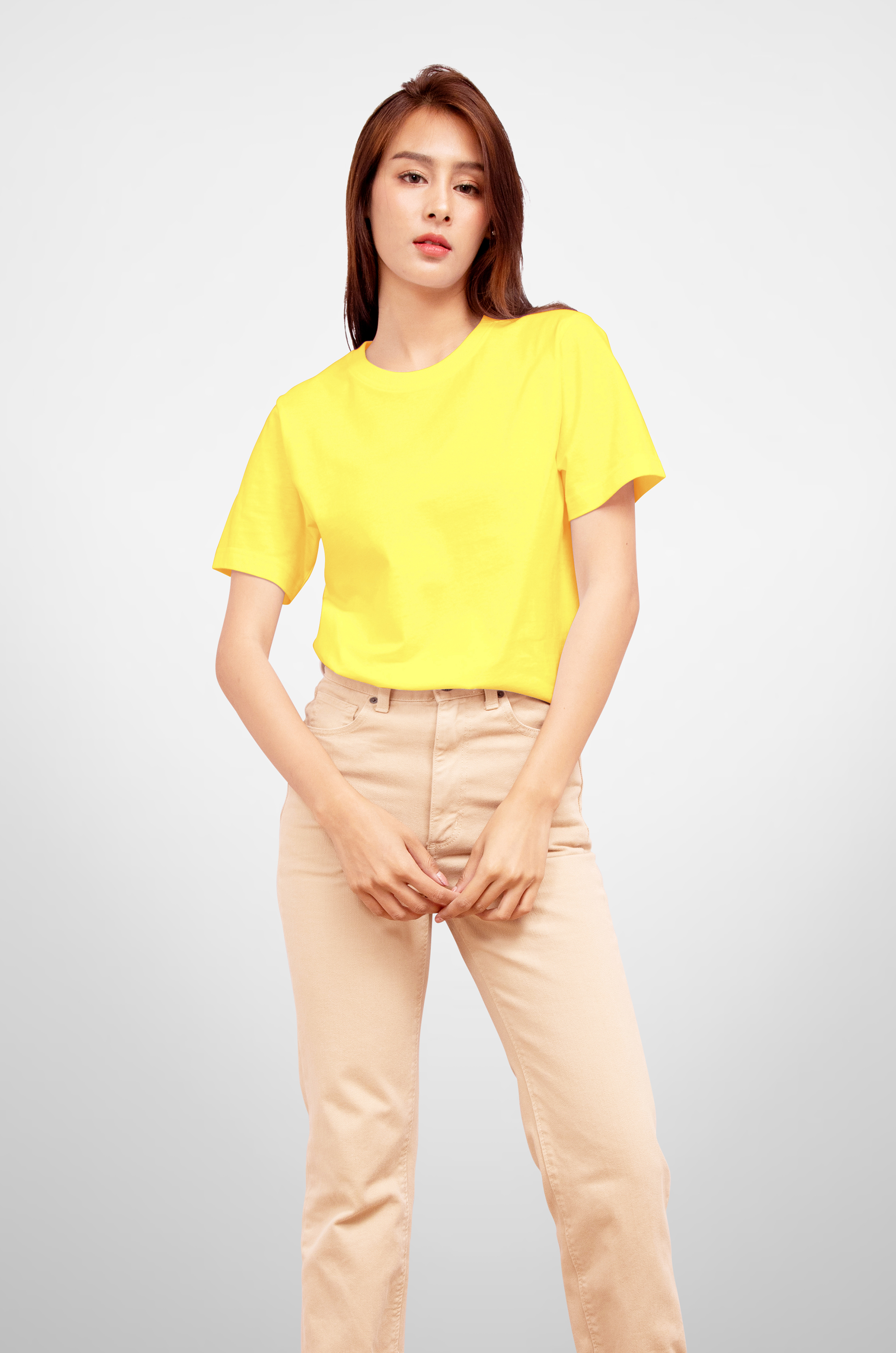 Noproblem Noproblem ยอดขาย No.1 รับประกัน ไม่ย้วย ไม่ยืด ผ้านุ่ม เสื้อยืด สีพื้น เสื้อยืดคอกลม สีเหลืองอ่อน