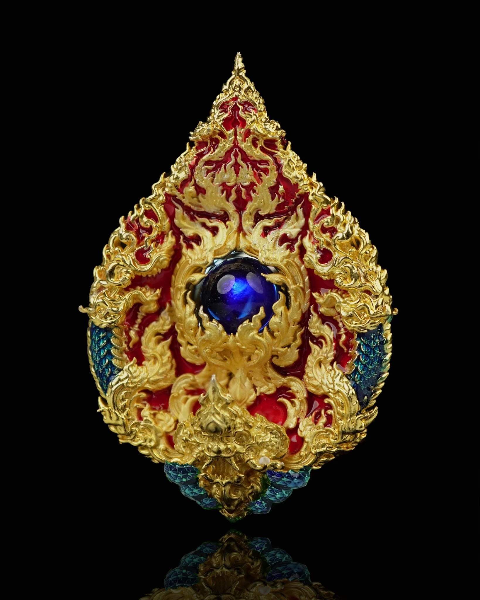 เหรียญมณีนาคราชแก้วบุญฤทธิ์ รหัส5 เนื้อบรอนซ์ชุบทอง ลงยาแดงน้ำเงิน