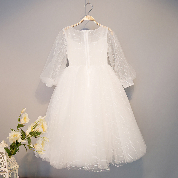 Pre-Order ชุดราตรีเด็ก สไตล์เจ้าหญิง แขนยาว สีขาว แต่งลูกไม้ ซิปหลัง