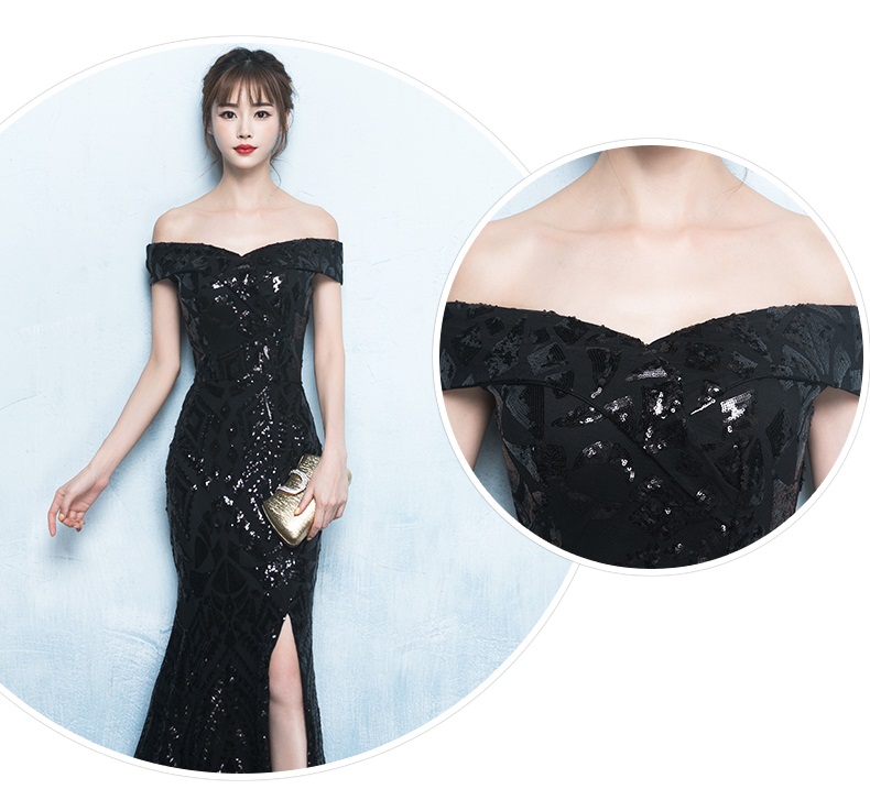 Pre-order ชุดราตรียาวแบบปาดไหล่ทรงหางปลา สีดำปักเลื่อมสวยหรู