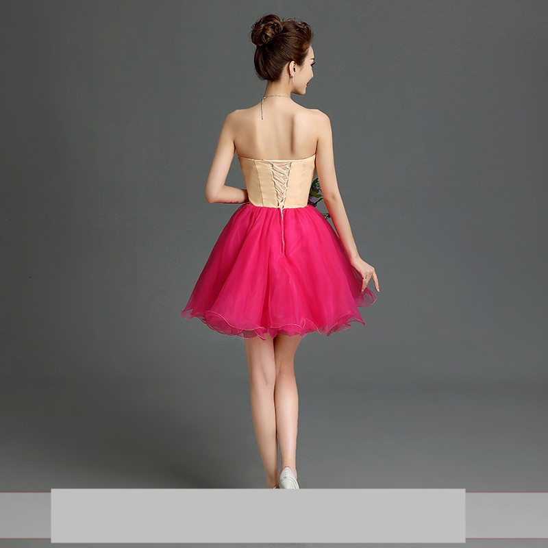 Pre-orderชุดแฟนซีชุดราตรีสั้นเกาะอก แต่งดอกไม้สามมิติ กระโปรงพองสวย