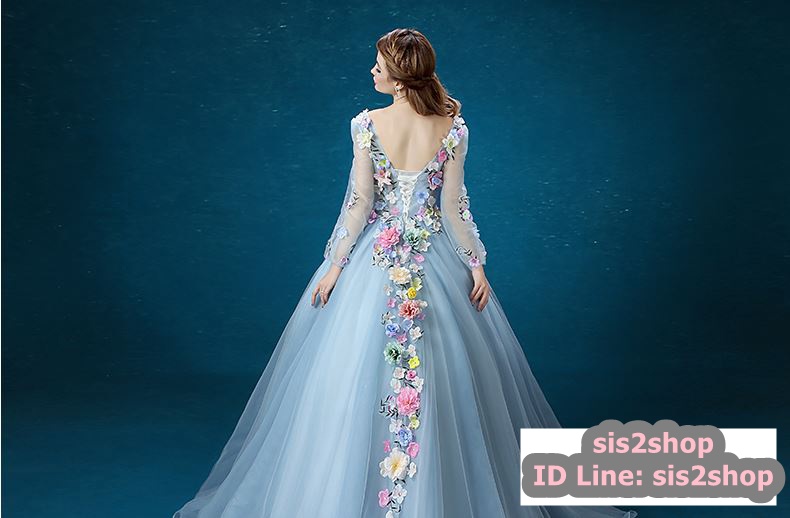 พร้อมเช่า ชุดแฟนซี ชุดราตรียาว สีฟ้า แขนยาว แต่งดอก Fairy สไตล์เจ้าหญิง กระโปรงพองสวย เชือกผูกหลัง