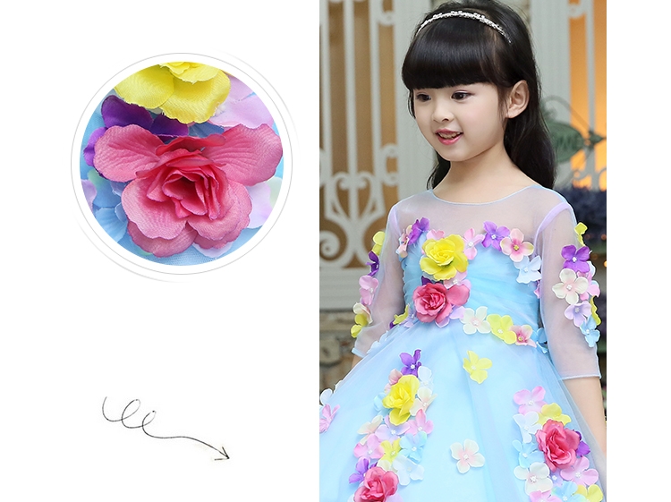 Pre-order ชุดแฟนซี ชุดกระโปรง สไตล์เจ้าหญิง แขนยาว แต่งดอกไม้สามมิติหลากสี กระโปรงฟูฟ่อง มีซิปหลัง