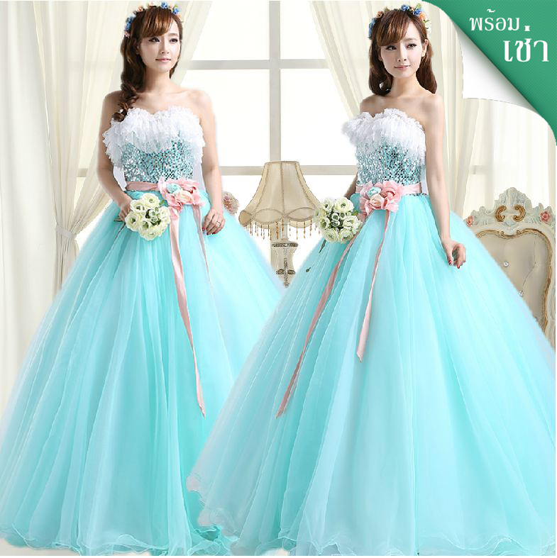 พร้อมเช่า ชุดแฟนซี ชุดราตรียาว สีฟ้ามิ้นต์ แต่งลูกไม้ขาว ช่วงอกปักเลื่อม
