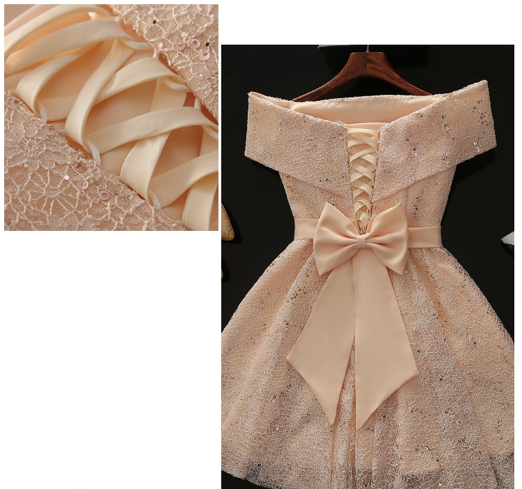 Pre-order ชุดราตรีสั้น แบบไหล่ปาด ผ้าลูกไม้ ปัดเลื่อม กระโปรงสั้น พร้อมโบว์ เชือกผูกหลัง