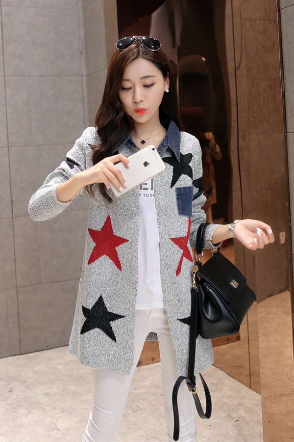 คาร์ดิแกนด์ไหมพรม คอปกยีนส์ แต่งถักลายดาว (12284JU)