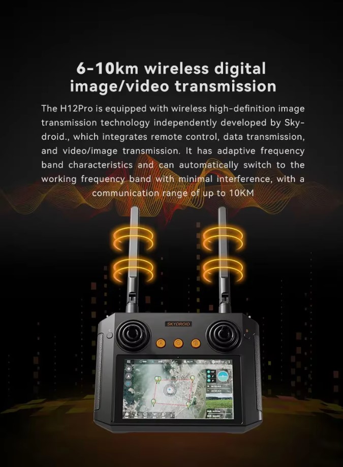 รีโมทจอสัมผัส พร้อม Ground Station ในตัว Skydroid H12Pro พร้อมรีซีฟ R12Pro และกล้องC10Pro กิมบอลกันสั่น3แกนในตัว บันทึก VDO 2K และภาพได้ สตรีมVDOสดผ่าน RTSP Ethernet port ได้