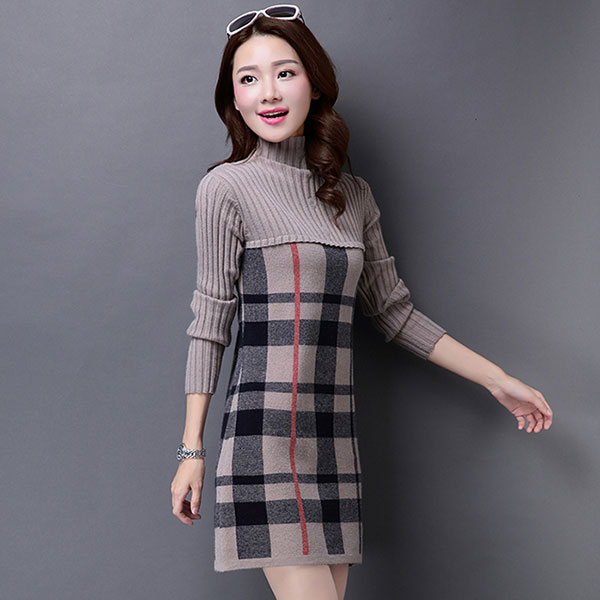 เดรสคอเต่ากันหนาว ไหมพรมกึ่งวูลหนานุ่มทอลาย (11767B)