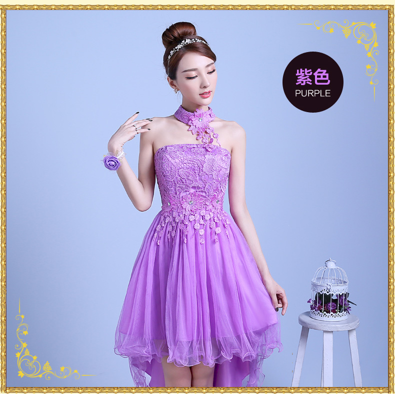 พร้อมส่ง ชุดราตรีสั้น เพื่อนเจ้าสาว สีม่วง กระโปรงตาข่ายแบบเกาะอก หน้าสั้นหลังยาว พร้อมสร้อยคอลายลูกไม้ ถอดแยกได้ ซิปข้างลำตัว (จับสม๊อกด้านหลัง) ** เหลือเฉพาะไซส์เล็ก **