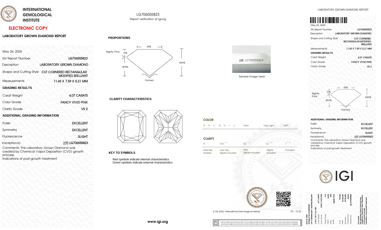 เพชร CVD Diamond 4.07 กะรัต ชมพูสด FANCY VIVID PINK VS2 พร้อมใบเซอร์ IGI LG706555823