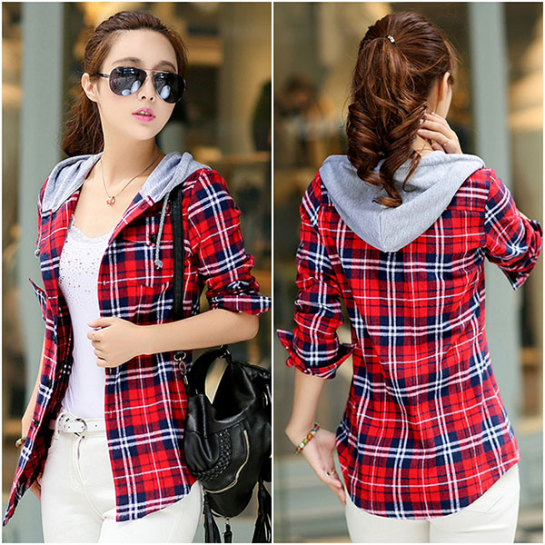 เสื้อแจ็คเก็ตแขนยาว มีฮู้ด ผ้าทอนิ่มลายสก็อต (10916AL)
