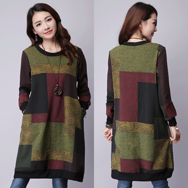 เดรสทรงปล่อยแฟชั่นวินเทจ แขนยาว แต่งกระเป๋าคู่ (11739M)