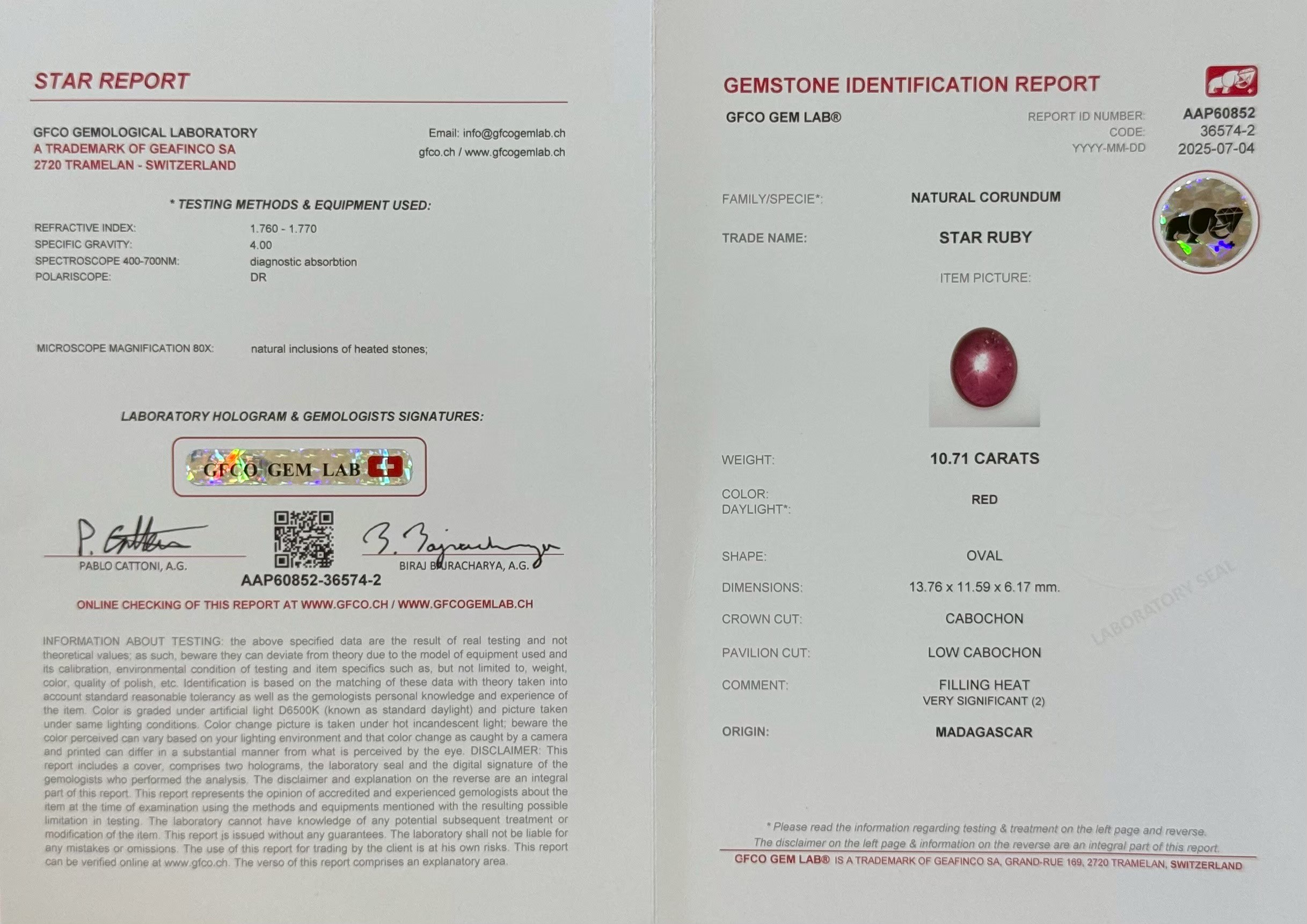 พลอย ทับทิม สตาร์ แซฟไฟร์ Ruby Star Sapphire 10.71 กะรัต (Cts.) พร้อมใบเซอร์ พลอยแท้ อัญมณีมงคลประจําวันเกิด เครื่องประดับพลอย