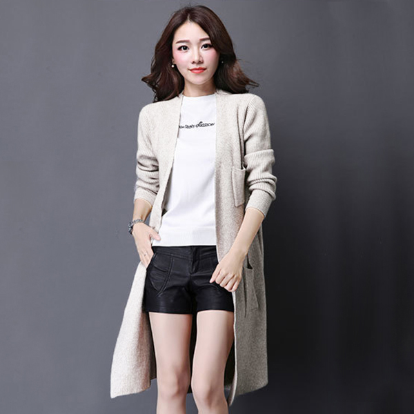 เสื้อคลุมกันหนาวตัวยาว ผ้าไหมพรมกึ่งวูลหนานุ่ม แต่งกระเป๋าคู่ (11657B)