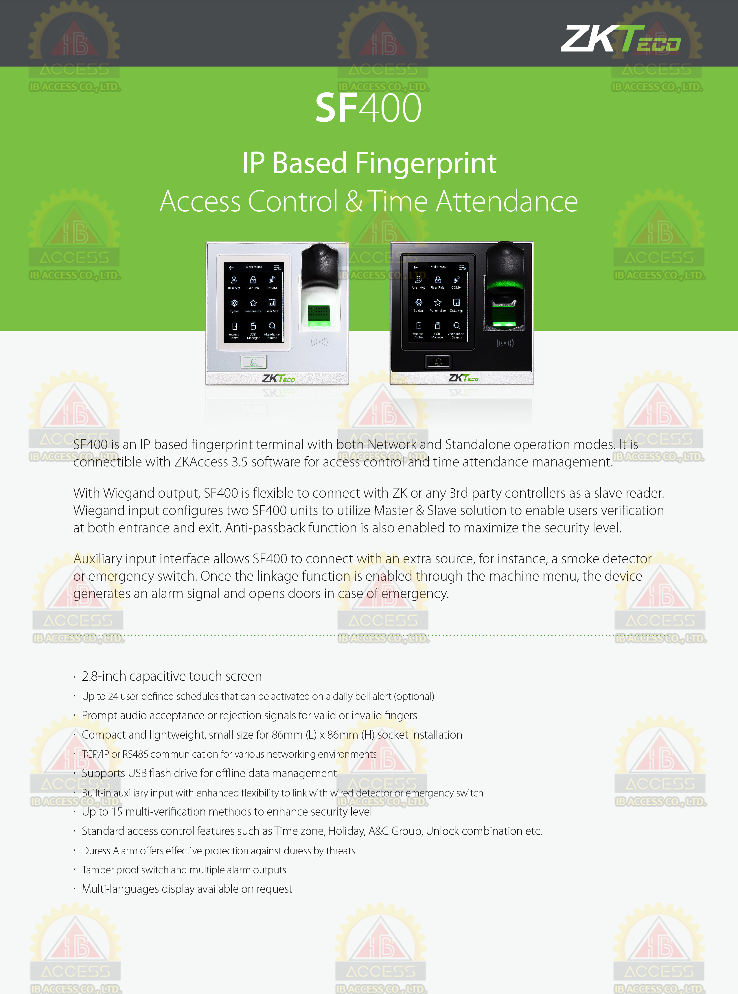 เครื่องสแกนลายนิ้วมือ ยี่ห้อ ZKTeco รุ่น SF400 รองรับระบบ Access Control