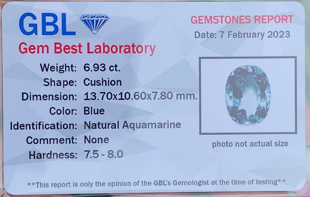 พลอย อความารีน Aquamarine 6.93 กะรัต (Cts.) พร้อมใบเซอร์ พลอยแท้ อัญมณีมงคลประจําวันเกิด เครื่องประดับพลอย