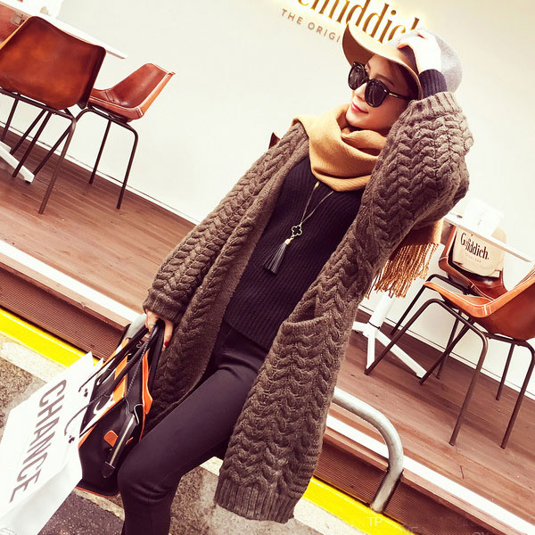 เสื้อโค้ทกันหนาวไหมพรมกึ่งวูลหนานุ่ม แต่งกระเป๋าคู่ (11986B)