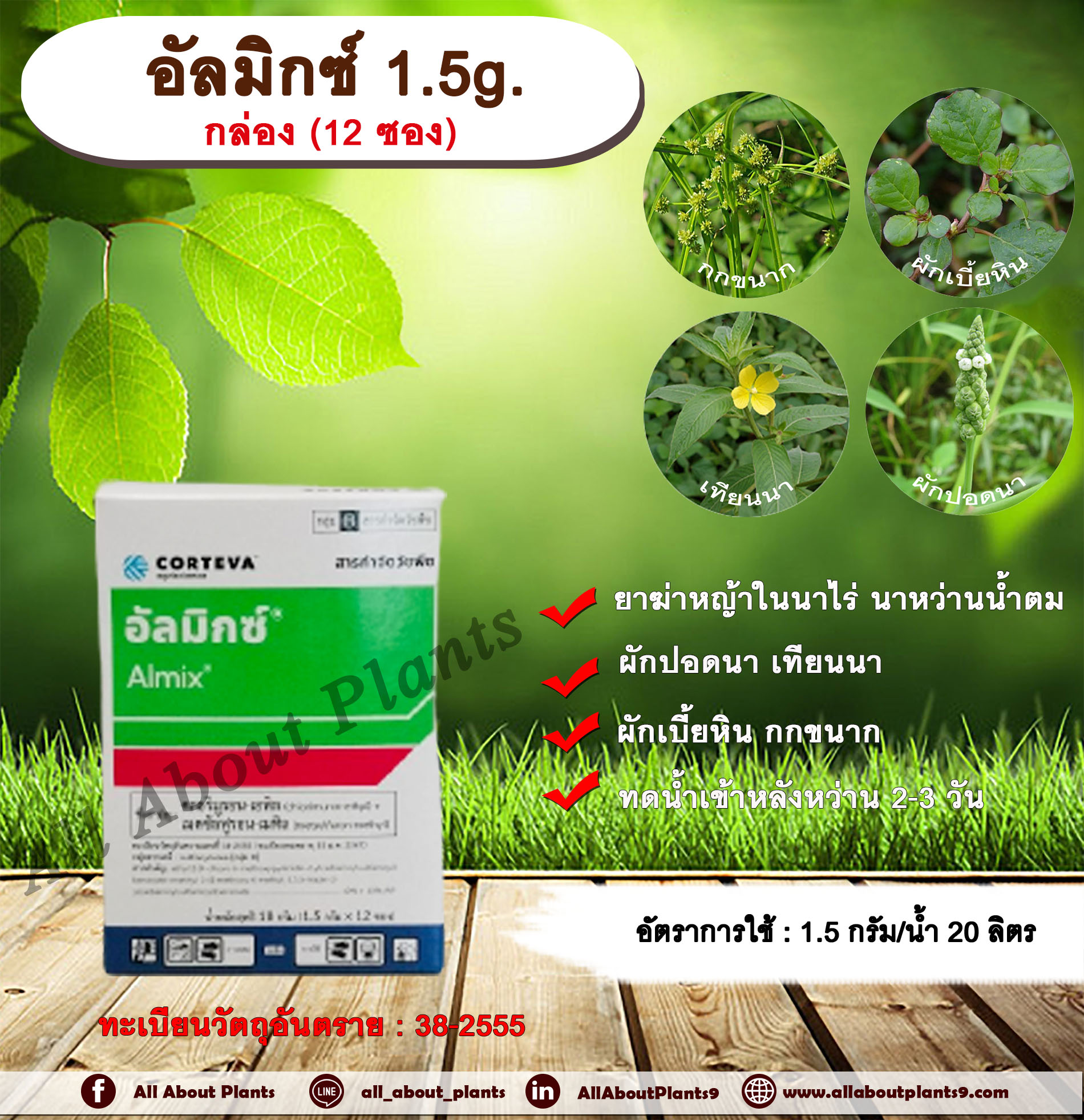 อัลมิกซ์ 1.5g. 1 กล่อง (12 ซอง) คลอริมูรอน-เอทิล+เมตซัลฟูรอน-เมทิล กำจัดหญ้าในนาไร่นาหว่านน้ำตม หญ้าใบกว้าง ผักปอดนา allaboutplants ชิ้น
