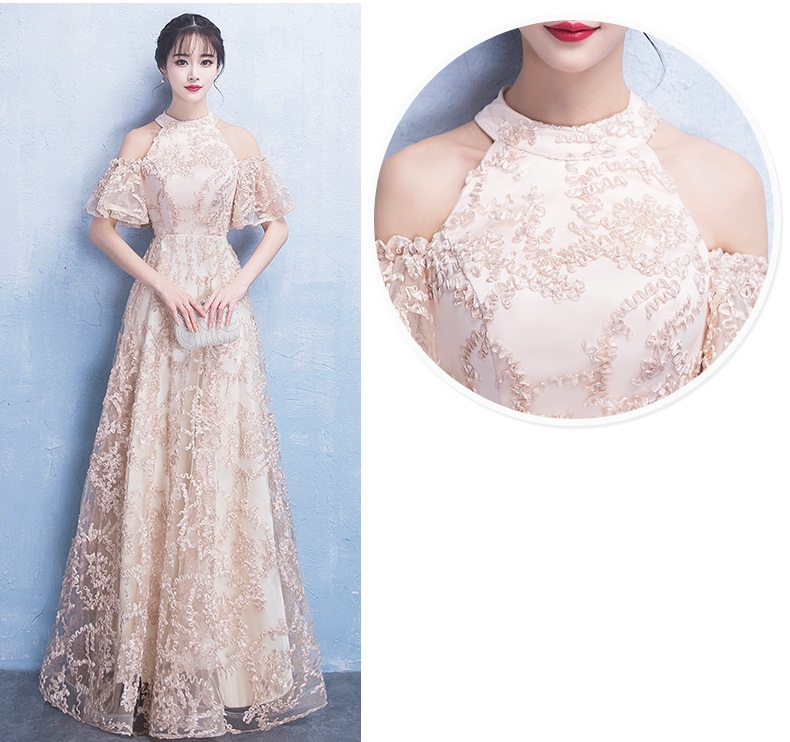 Pre-order ชุดราตรียาวคล้องคอระบายแขน ปักดิ้นเป็นลาย สวยหรู ซิปหลัง