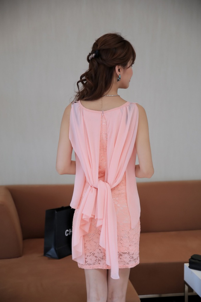 พร้อมส่ง ชุดออกงาน mini dress สีโอโรส แต่งแขนผ้าชีฟอง แถมเข็มขัด (เหลือเฉพาะไซส์ M , L , XL)