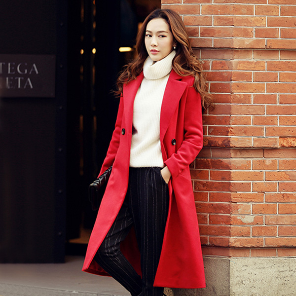 เสื้อโค้ทกันหนาวตัวยาว ผ้าวูลหนา แต่งกระเป๋าคู่ (12201X)