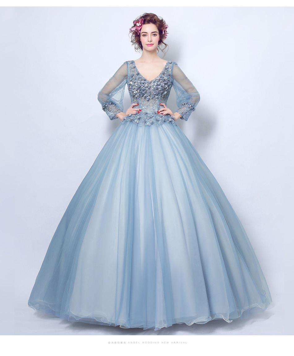 Pre-order ชุดแฟนซี ชุดเจ้าสาว ชุดราตรียาว สีฟ้า แขนยาว คอวี แต่งดอกไม้ช่วงบน ซีทรู กระโปรงตาข่าย เชือกผูกหลัง
