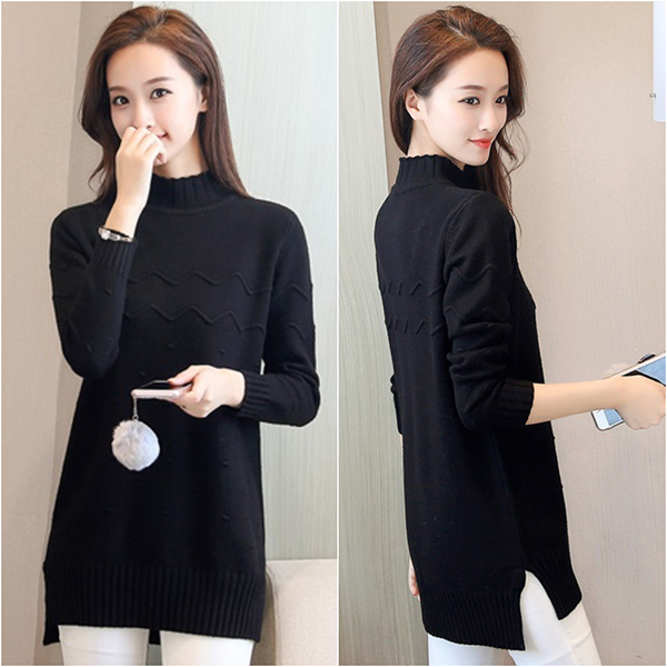 เสื้อสเวตเตอร์ไหมพรมคอเต่าตัวยาว ผ้าหนานุ่มถักลายนูน (12167B)