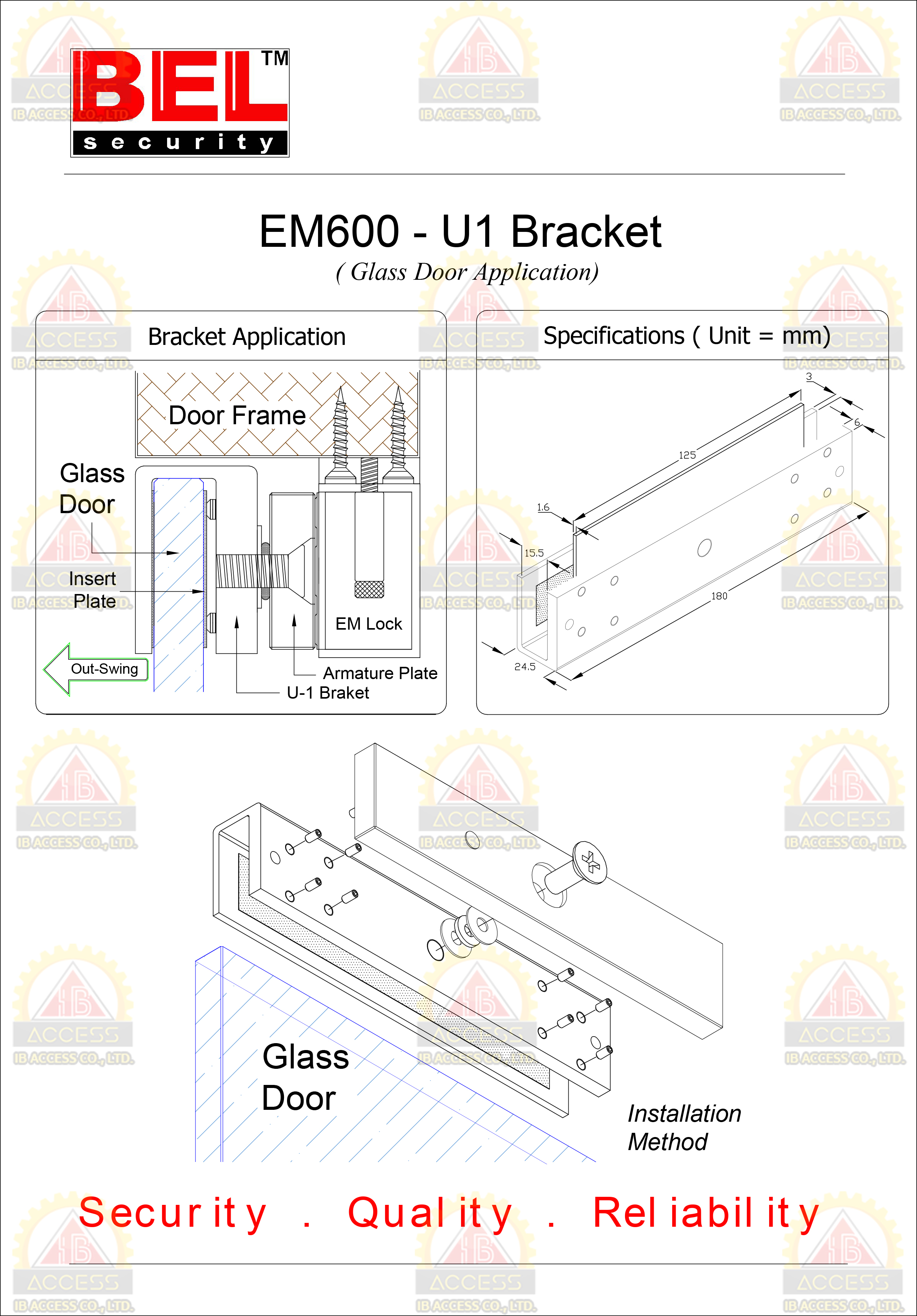 U Bracket สำหรับประตูกระจกบานเปลือยล่าง ยี่ห้อ BEL รุ่น U1-600
