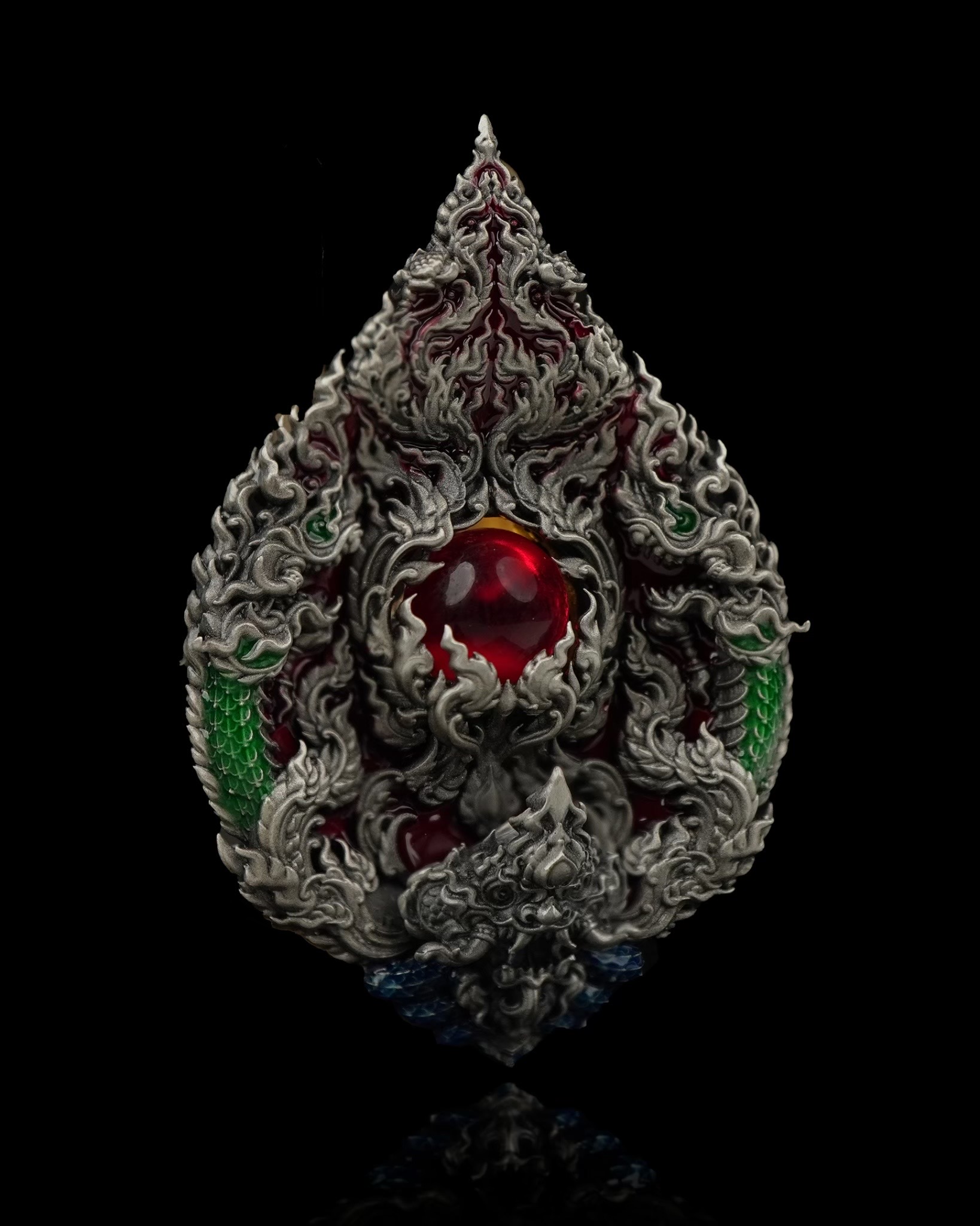 เหรียญมณีนาคราชแก้วบุญฤทธิ์ รหัส1 เนื้อเงินแท้รมซาติน ลงยาแดงเขียว