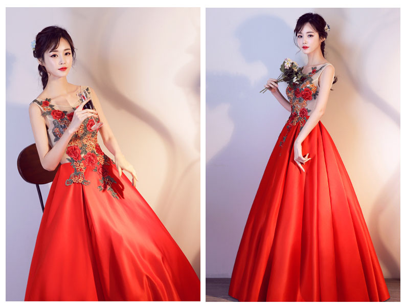 ชุดราตรียาวไซส์ใหญ่พิเศษ แขนกุด แต่งดอกไม้ กระโปรงผ้าซาติน (เชือกผูกหลัง)