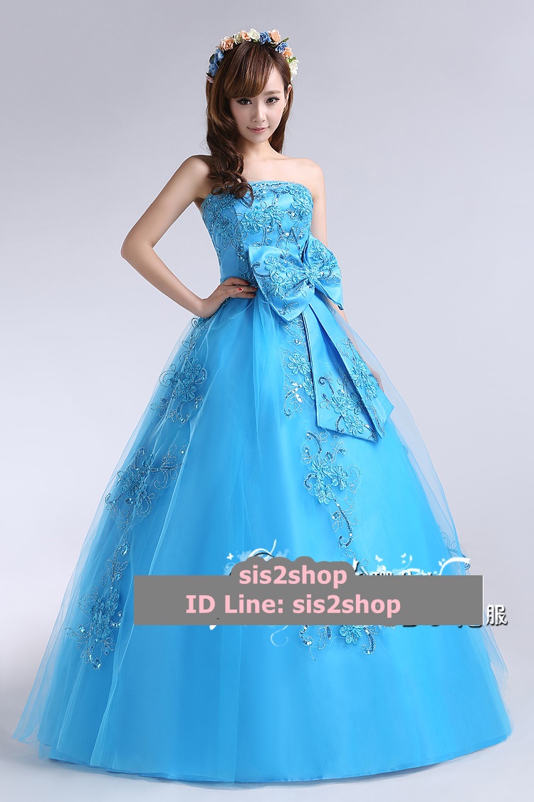 พร้อมเช่า ชุดแฟนซี ชุดราตรี สีฟ้า เกาะอก ลูกไม้ปัก แต่งโบว์ที่เอว ซิปหลัง