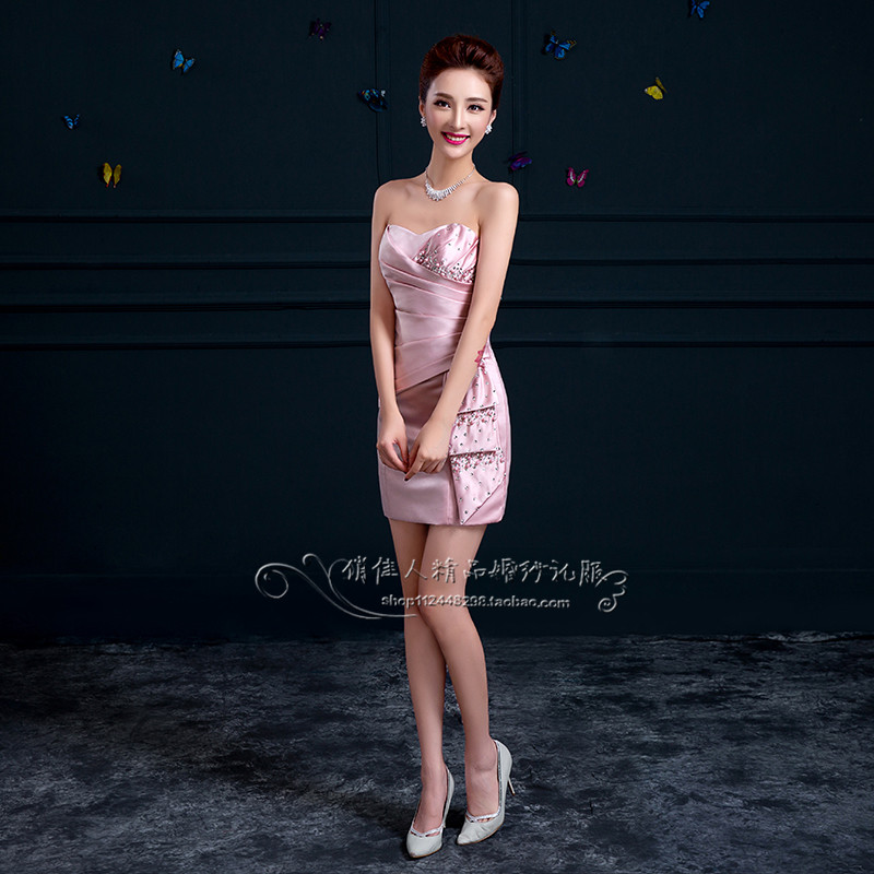 Pre-order ชุดราตรีสั้น เกาะอก ผ้าซาติน จับเดรป แต่งเลื่อม ปักมุก มีซิป