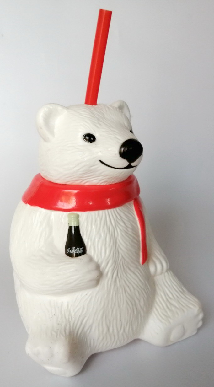 แก้วน้้ำ coca cola โคคา โคล่า โค้ก ของ SF มาสคอต หมีขาว ขนาดความสูง 1ฟุตรวมหลอด สามารถถอดส่วนหัวเติมน้ำได้ สภาพดีเก่าเก็บ สภาพงานสะสม