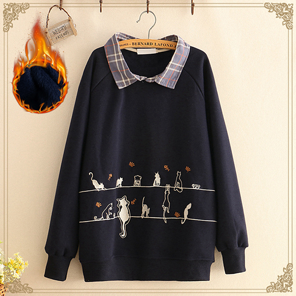 เสื้อสเวตเตอร์กันหนาวแฟชั่นญี่ปุ่น ผ้าซับกำมะหยี่ปักลายแมว (12362LM)