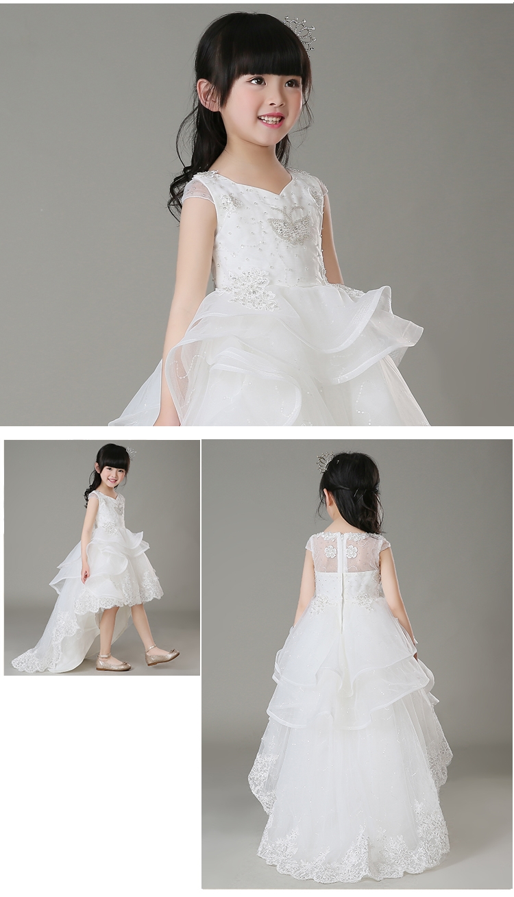 Pre-order ชุดราตรีเด็ก ชุดออกงาน ชุดกระโปรงสไตล์เจ้าหญิง แขนสั้น คอวี แต่งลูกไม้ กระโปรงผ้าแก้ว แต่งลูกไม้ชายกระโปรง ปล่อยชายด้านหลัง มีซิป