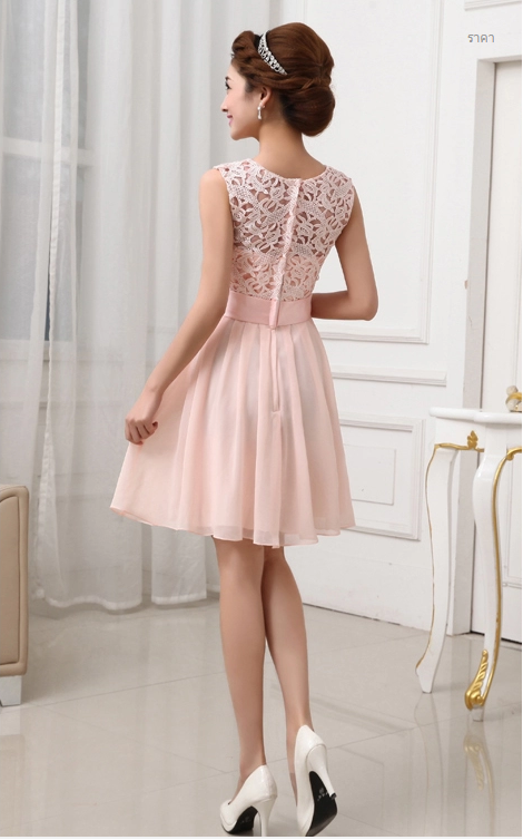 พร้อมส่ง ชุดราตรีสั้น สีชมพู แขนกุด ลูกไม้ฉลุ กระโปรงผ้าชีฟอง