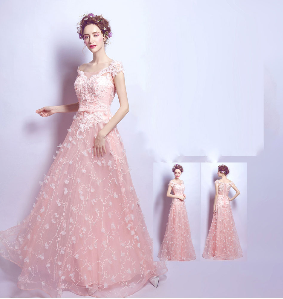 Pre-order ชุดแฟนซี ชุดเจ้าสาว ชุดราตรี สีชมพูโอรส แขนกุด ผ้าลูกไม้ เชือกผูกหลัง