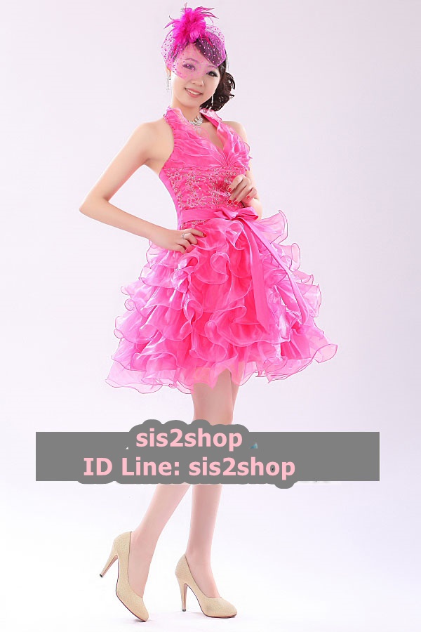 พร้อมเช่า ชุดแฟนซี ชุดราตรีสั้น สีชมพู Hot Pink คล้องคอ กระโปรงระบาย ทรงฟูสวย