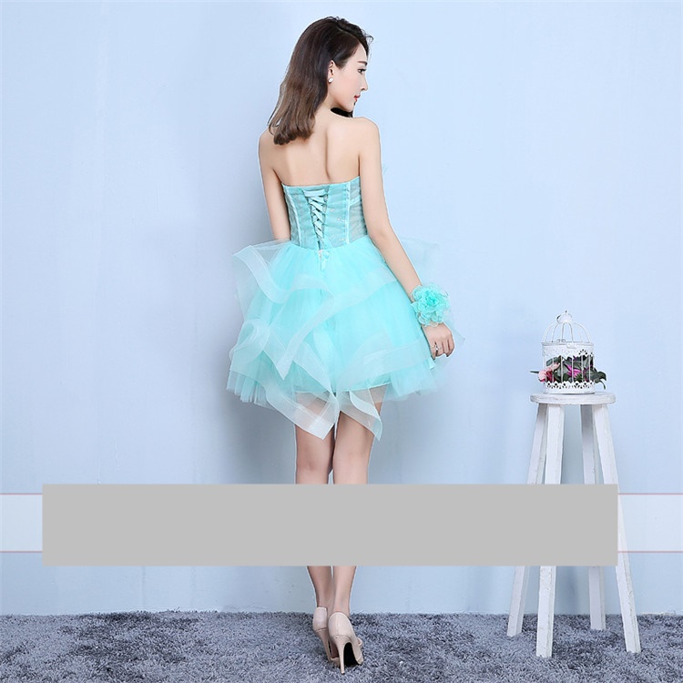 Pre-orderชุดแฟนซีชุดราตรีสั้นเกาะอกกระโปรงผ้าแก้วแต่งระบายแบบเก๋